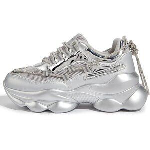 Women's Silver 90s Chunky Sneakers Sparkly Bling Rhinestone Rope Platform Shoes